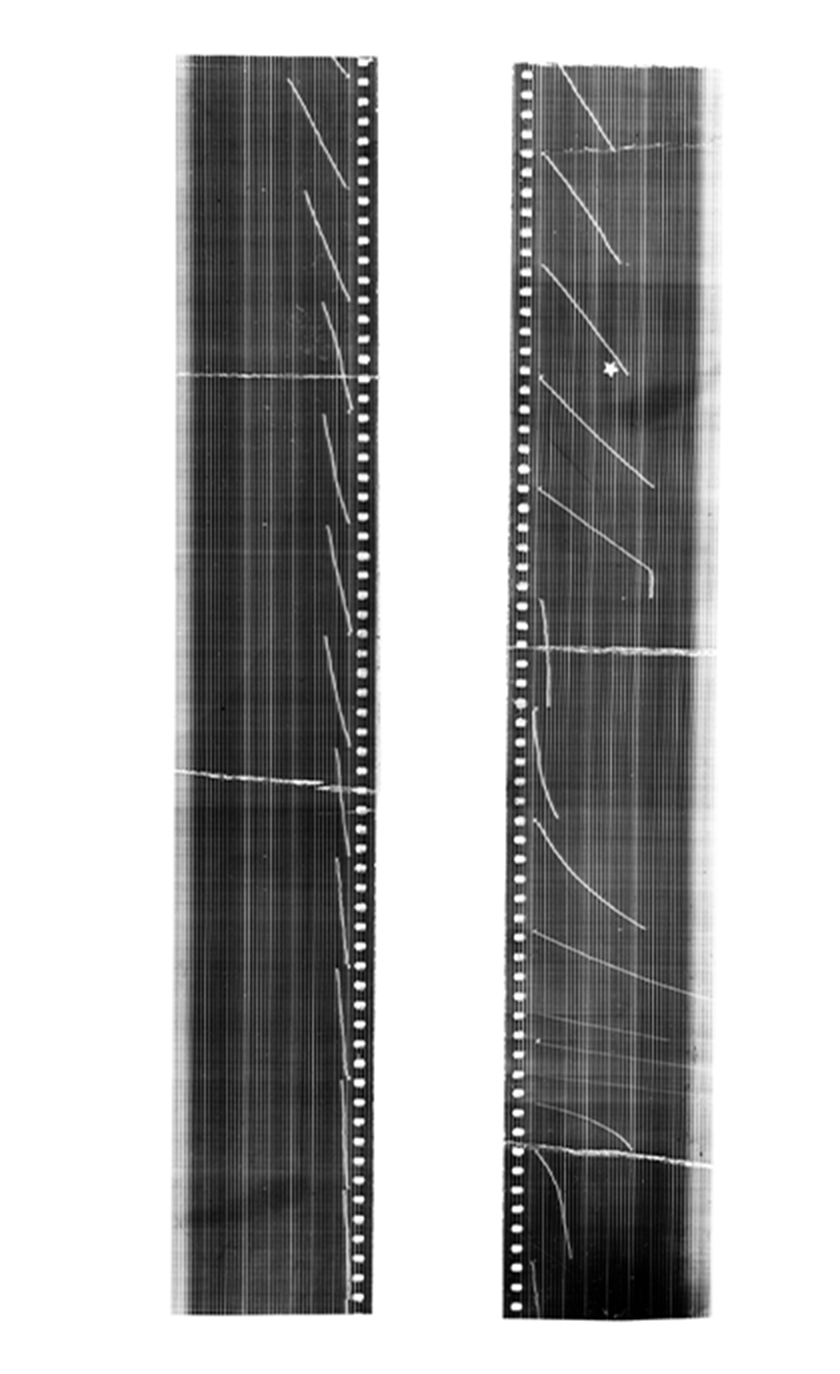 Two strips of dark gray film presented side by side showing white scratch marks.